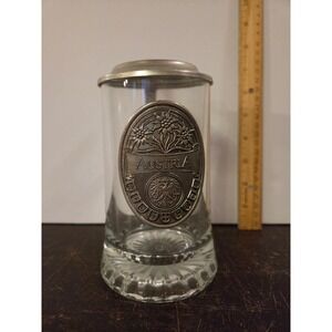 Domex Austria Glass Beer Stein with Metal Lid and Medallion Clear Pewter Tone